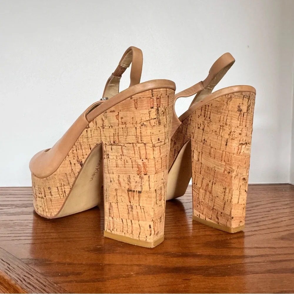 Calvin Klein Raimy Tan Slingback Peep Toe Cork Platform Block Heel 8